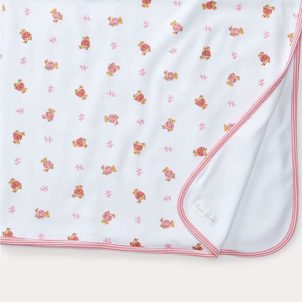 Ralph Lauren Polo Bear White and Pink Baby Blanket Old Money Quiet Luxury